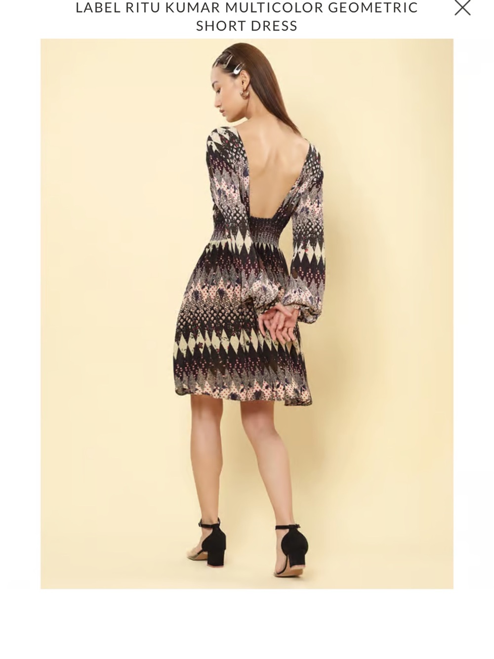 Ritu Kumar Black and Cream Geometric Backless Long-Sleeve Mini Dress